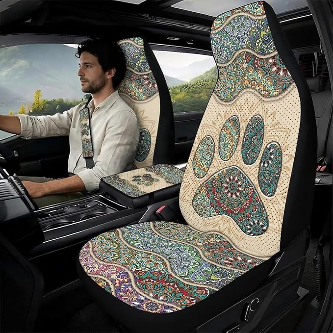 Psesaysky Boho Paw Car Accessories Set for Men Women Cute Car Seat Covers with Center Console Cover Pad Auto Seat Belt Cover Universal Fit Most Truck SUV Van