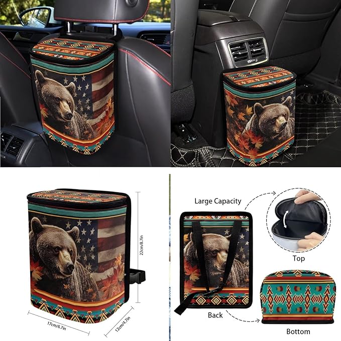 American Flag Printed Car Interior Cover Sets, Car Front Rear Seat Cover with Steering Wheel Protector Coaster Trash Can Air Vent Storage Bag, Universal Fits Auto Interior Accessories