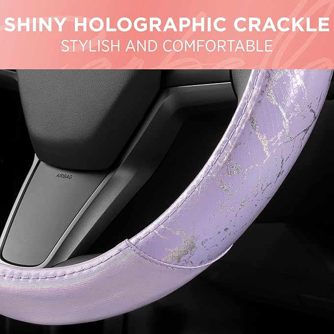 Carbella Purple Holo Bling Steering Wheel Cover, Standard 15 Inch Size Fits Most Vehicles, Cute Shiny Crackle Car Steering Cover with Holographic Foil Glitter Like Detail, Car Accessories for Women