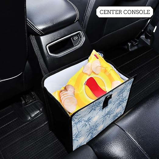 Car Trash Can Organizer Bin with Adjustable Strap for Back Front Seat Console Waterproof Leakproof Collapsible Portable 11 Inch Light Blue Palm Trees and Sun