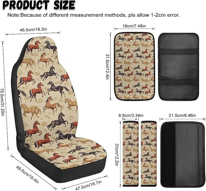 FUSURIRE Universal Horse Print Car Interior Accessory Set 5Pcs PU Front Seat Covers, Seat Belt Covers & Center Armrest PadFit for SUV Truck Van Year Round Use