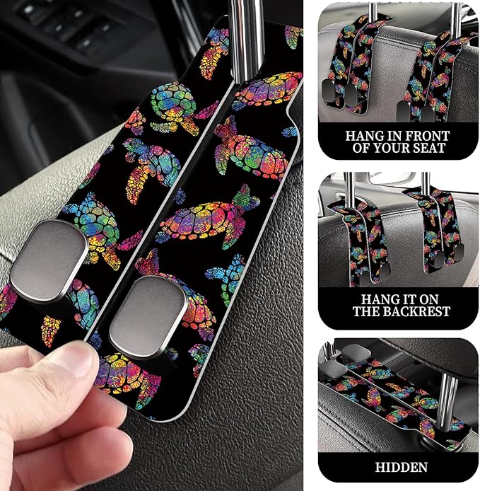 AXRQLSU PU Leather Car Seat Hook, Storage Headrest Hanger, Cute Car Backseat Organizer, Car Hooks For Purses and Bags Rainbow Sea Turtles