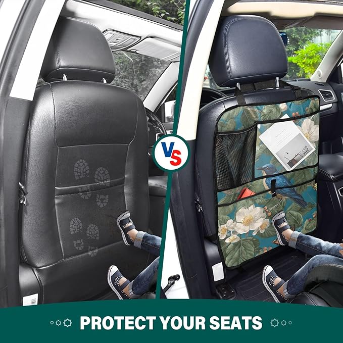 2 Pack Back Seat Car Organizer with Storage Pockets Kick Mats Back Seat Protector Hanging Car Organizer Automotive Seat Back Cover Organizers Vintage Blue Bird Flowers Butterflies