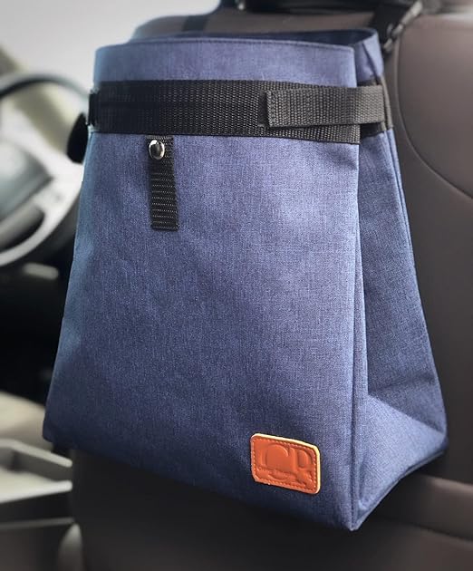 CP CLEVER PINKPHIN Car Trash Can Hanging for Headrest, Extra Large Waterproof Auto Garbage Bag Organizer, Collapsible Vehicle Waste Bin (Navy Blue)