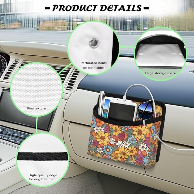 Boho Floral Car Side Pocket Organizer, Front Back Seat Storage Pocket for Car, Universal Auto Console Door Window Storage Bag for Interior Organizer, Holder for Phone Sunglasses