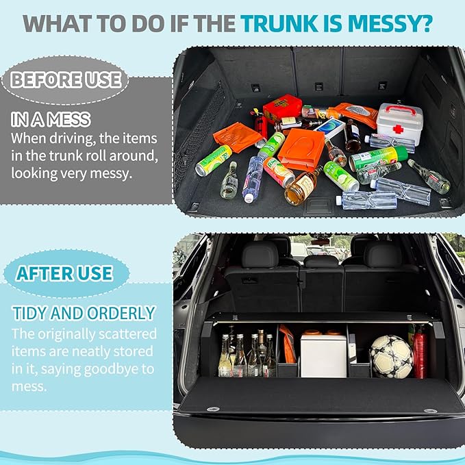 XCF Car Trunk Organizer, Leather Trunk Organizer with LED Light Car Storage Box with Lid and Push-pull Handle Organizer Trunk Storage for SUV, Trunk, Minivan (Black, 40.5 x 11.4 x 12.2in)