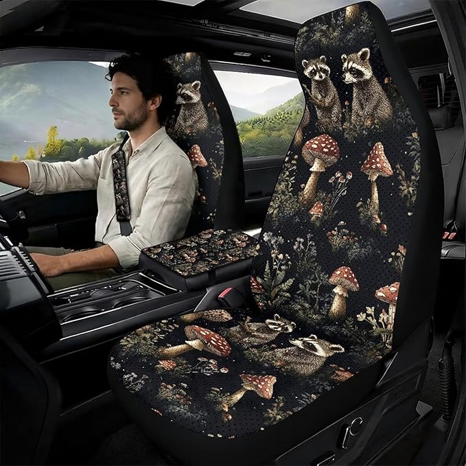 Psesaysky 5 Pcs Car Accessories, Raccoon Mushroom Front Seat Covers Full Set of 2 with Seat Belt Pads Cover Vehicle Center Console Armrest Cover Pad for Women Men Car Lover