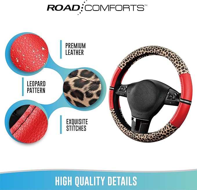 Road Comforts Leopard Steering Wheel Cover - Made with PVC Leather Cheetah Print - Anti-Slip, Universal Fit 14 1/2 inches to 15 inches - Red