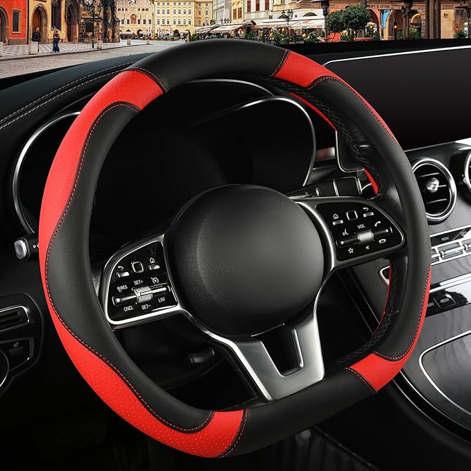 Binsheo Microfiber Leather D Shaped Steering Wheel Cover, Breathable, Anti Slip, Universal 15 inch, Black with Red