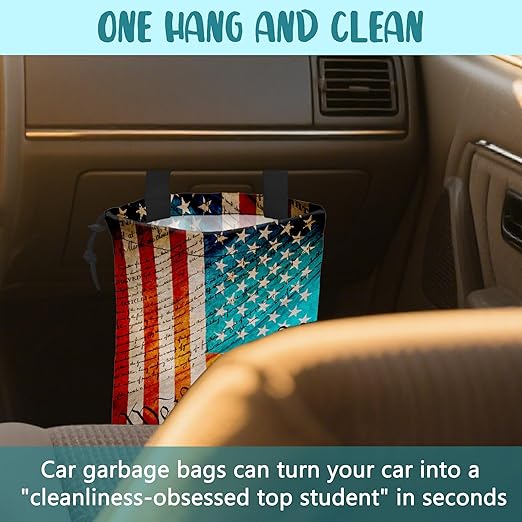 We the People Car Trash Bag American Flag Hanging Drawstring Car Organizer and Storage Bag with Adjustable Buckle Canvas Garbage Bin for Back Seat or Hanging Headrest Car Decor Road Trip Essentials