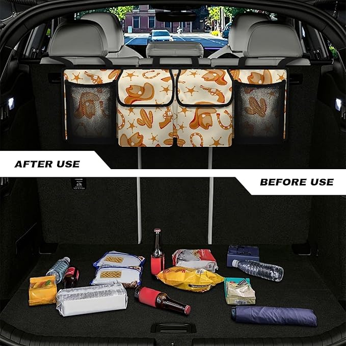 CLOHOMIN Cowboy Car Truck Organizer Cactus Backseat Hanging Organizer Foldable Cargo Storage Bag with 4 Pockets Portable Car Cargo Trunk Storage Organizer Bag