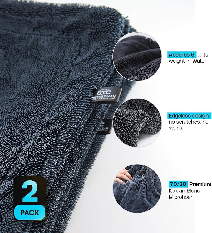 Crystal Clean 2-Pack 1300GSM Microfiber Towels for Cars – XL (36x24) Car Drying Towel with Double Twisted Loop, Professional Detailing Towel for Car Detailers - Quick Dry, Paint Safe & Swirl-Free