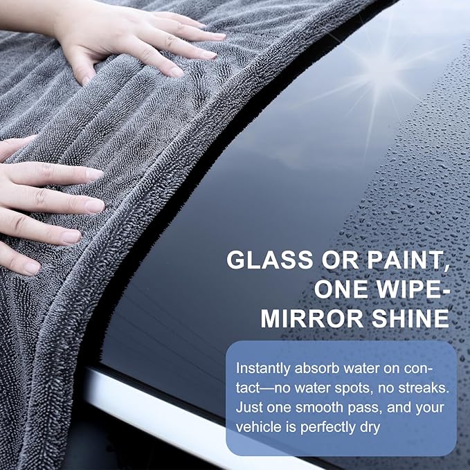 Singrune 2 Pack XL Car Drying Towel – 1300GSM Ultra Absorbent Microfiber, 24"x36" Large Size, Twisted Loop, Lint-Free & Streak-Free for Auto Detailing, Car, SUV, Truck (Gray-Gray)