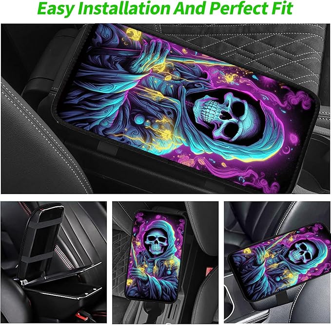 JANENFNA Car Armrest Cover Pads Universal Fashion Cute Auto Center Console Armrest Cover Pad with 2PCS Car Coasters Soft Waterproof Car Armrest Seat Protector for Women,Skull Death