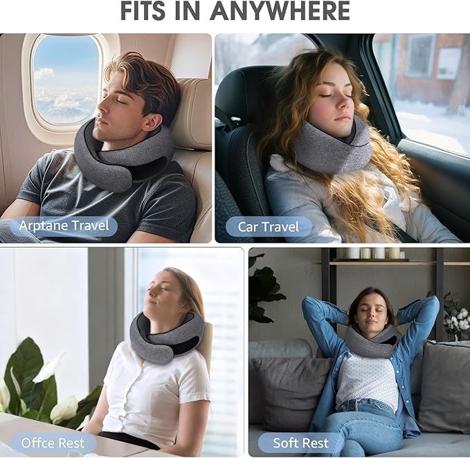 Dujuanus Neck Travel Pillows for Airplanes Memory Foam Neck Comfort Pillow Compact Ergonomic Design Sleeping Essentials for Long Flights Car Rides and Home Use (Grey)