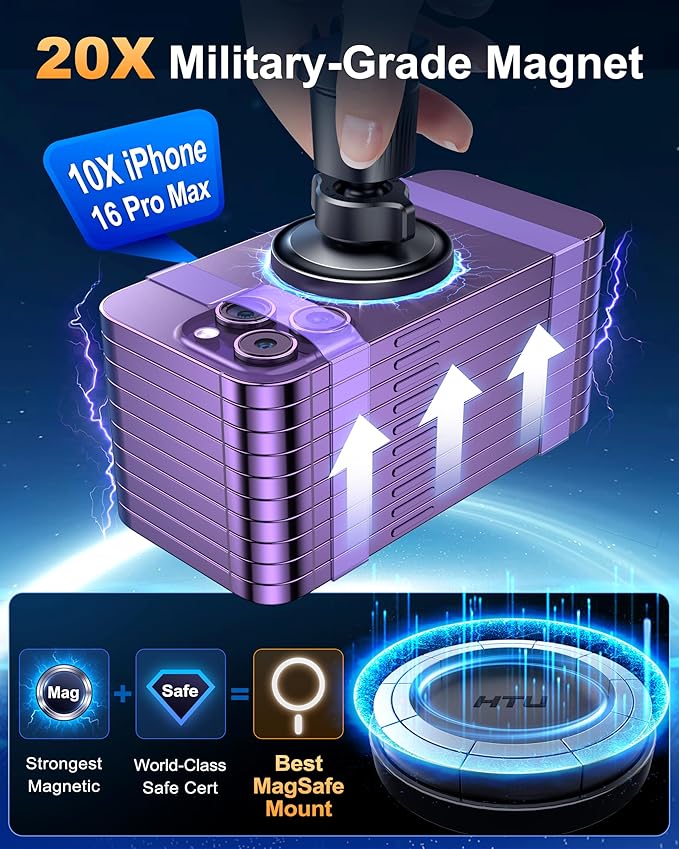 HTU [2026 True Military-Grade Magnetic Car Mount Vent [Upgraded Strongest Magnet & Metal Hook] for MagSafe Phone Holder Car for iPhone 17 16 15 14 13【Patent & Safety Cert】, Non-Charging, Misty Gray