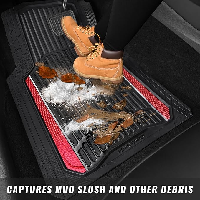 CAR PASS Heavy Duty Rubber Car Floor Mats, Deep Waterproof Car Floor Mats All Weather, Aluminum Film Floor Mats for Cars Non-Slip Universal Trim to Fit for SUVs Trucks Sedans Vans, Black Red Metallic