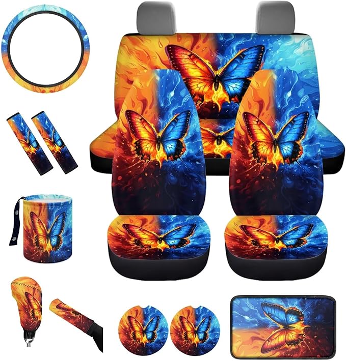 Dngkaoje Butterfly Car Seat Covers Full Set for Front and Rear 13 Pack Colorful Butterfly Auto Interior Accessories Set Womens Girly Center Console Cover,Hanging Trash Bag,Seatbelt Shoulder Pads