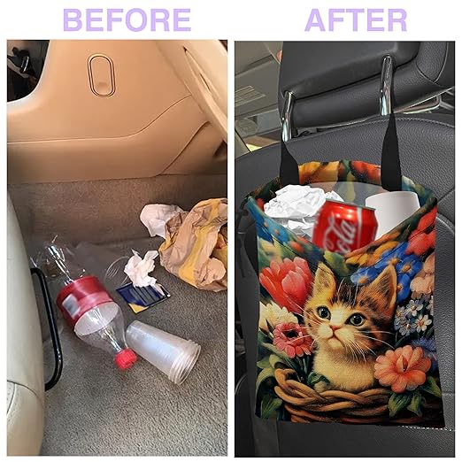 UUCBTAH Car Trash Bag Cute Cat Surrounded by Flowers Car Trash Bin Leakproof Waterproof Car Trash Can for Back Seat, Foldable Car Garbage Bag with Adjustable Straps and Drawstring for Car Accessories
