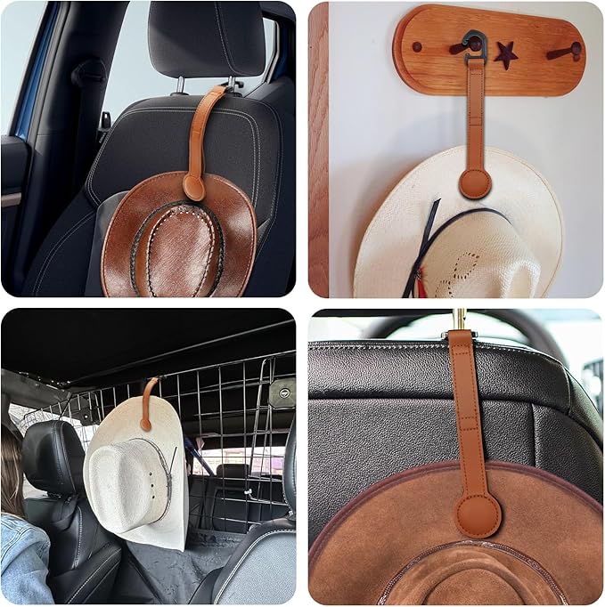 2 Pack Cowboy Hat Holder for Truck, Leather Magnetic Cap Clip, Truck Car Seat Hat Organizer Accessories for Men and Women, Suitable for Car, SUV, Pickup Seat Back Headrest Hat Clip Storage (Brown)