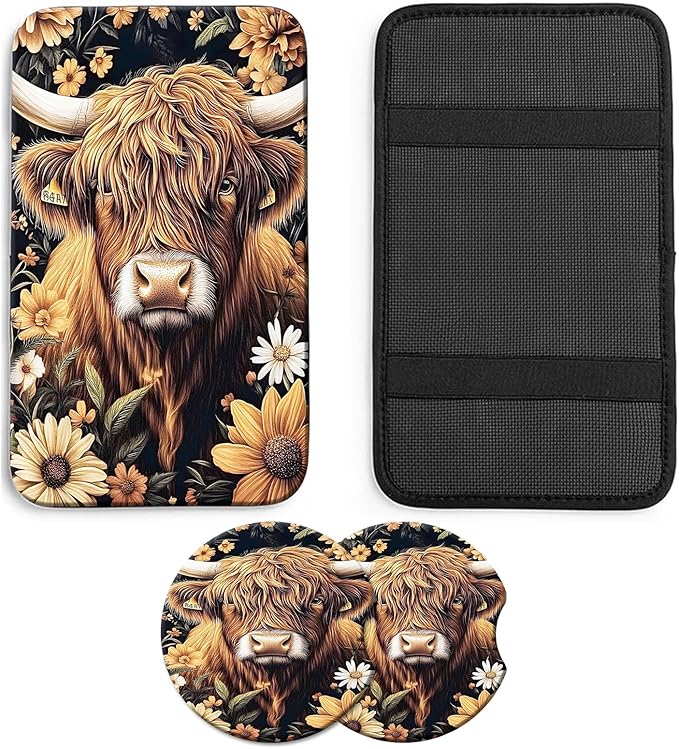 JANENFNA Car Armrest Cover Pads Universal Fashion Cute Auto Center Console Armrest Cover Pad with 2PCS Car Coasters Soft Waterproof Car Armrest Seat Protector for Women,Highland Cow with Flowera