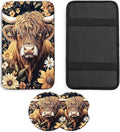 JANENFNA Car Armrest Cover Pads Universal Fashion Cute Auto Center Console Armrest Cover Pad with 2PCS Car Coasters Soft Waterproof Car Armrest Seat Protector for Women,Highland Cow with Flowera