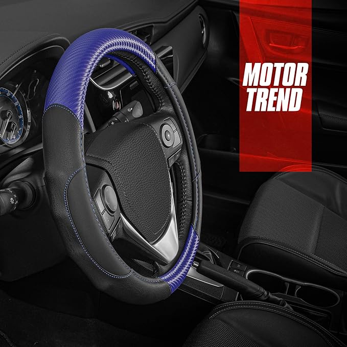 Motor Trend GripDrive Carbon Fiber Steering Wheel Cover, Non-Slip Sporty Racing Faux Leather Ergonomic Comfortable Handle, Steering Wheel Cover for Cars Trucks Vans SUV - Fits Standard 15 Inch - Blue