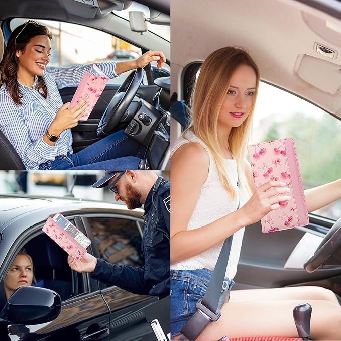 FinestHouse Car Registration and Insurance Holder with Magnetic Closure, Universal Document Organizer for License, Insurance Cards & Glove Box Storage (Cherry-Pink)