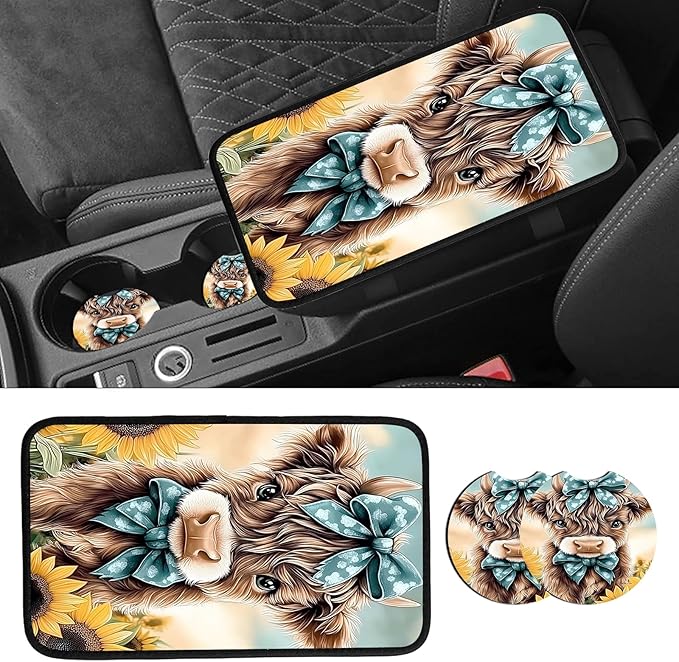 JANENFNA Car Armrest Cover Pads Universal Fashion Cute Auto Center Console Armrest Cover Pad with 2PCS Car Coasters Soft Waterproof Car Armrest Seat Protector for Women,Cow with Blue Bows-A