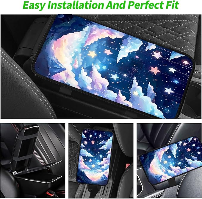 JANENFNA Car Armrest Cover Pads Universal Fashion Cute Auto Center Console Armrest Cover Pad with 2PCS Car Coasters Soft Waterproof Car Armrest Seat Protector for Women,Colorful Nebula