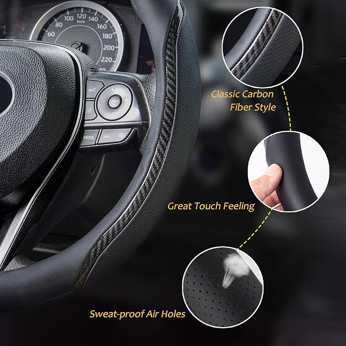 Muamos Car Steering Wheel Cover Black, 14-14.5 inch Steering Wheel Covers with Coasters Microfiber Leather Carbon Fiber Breathable Anti-Slip Durable Universal Auto Steering Wheel Protective