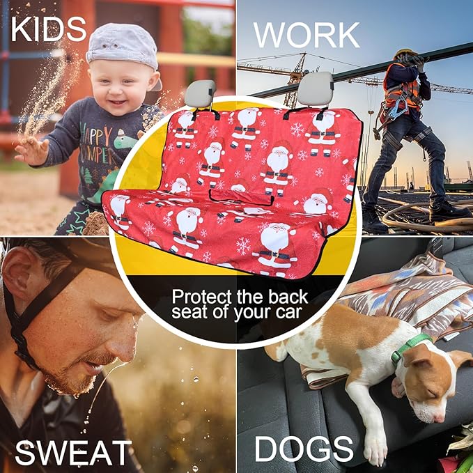 LoyaGour Back Seat Cover for Car Trucks Van SUV,Waterproof Rear Bench Towel Seat Covers for Dogs and Kids,Automotive Backseat Protector (Santa Claus)
