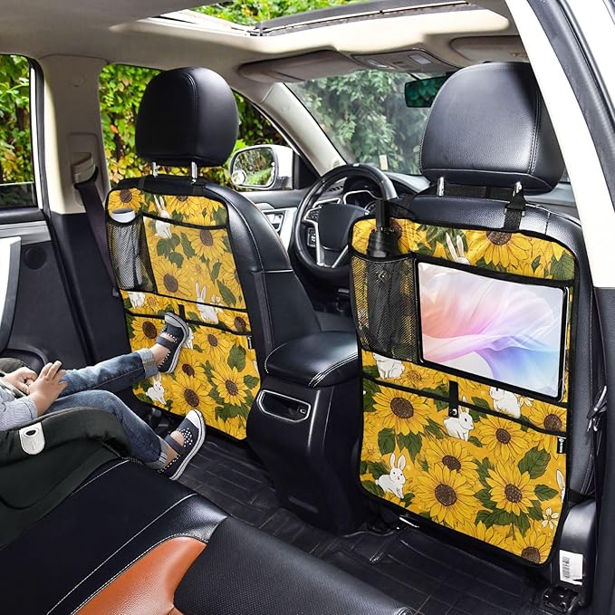 2 Pack Back Seat Car Organizer with Storage Pockets Kick Mats Back Seat Protector Hanging Car Organizer Automotive Seat Back Cover Organizers Autumn Sunflower and Cute Rabbit