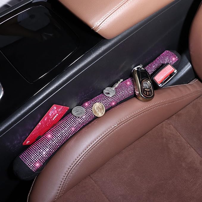 ToBeQueen Bling Pink Car Sear Gap Filler 2 Pack Universal Fit for Car SUV Truck, Handmade Crystal Rhinestone Diamond Car Seat Gap Plug Filler Pink Bling Car Accessories for Women(Pink)