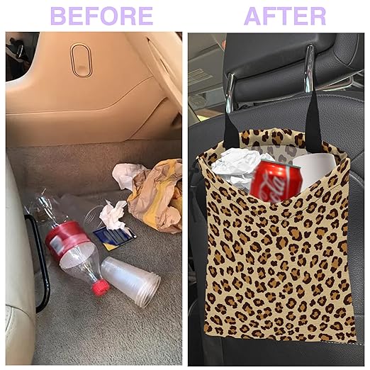 UUCBTAH Car Trash Bag Hanging Brown Leopard Print Car Trash Can for Back Seat Waterproof Car Garbage Can with Adjustable Straps and Drawstring for Car Accessories Vehicle Travelling Camping