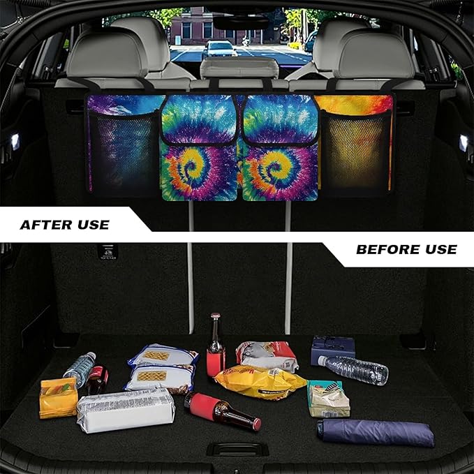 CLOHOMIN Rainbow Tie Dye Car Trunk Organizer Hanging Back Seat Storage Bag with 4 Pockets Large Capacity Trunk Organizer for SUV Truck Sedan Car Interior Accessories