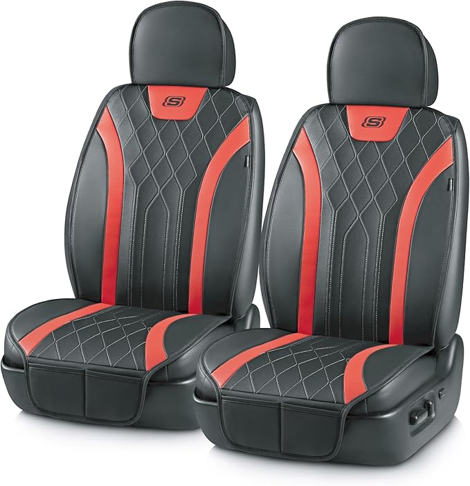 Skechers MAX Cushioning Car Seat Covers,Memory Foam Leather Car Seat Protectors, Airbag Safe Waterproof Sideless Front Seat Covers with Storage Pocket,Universal Fit for Cars Trucks SUV, Red 2PCS