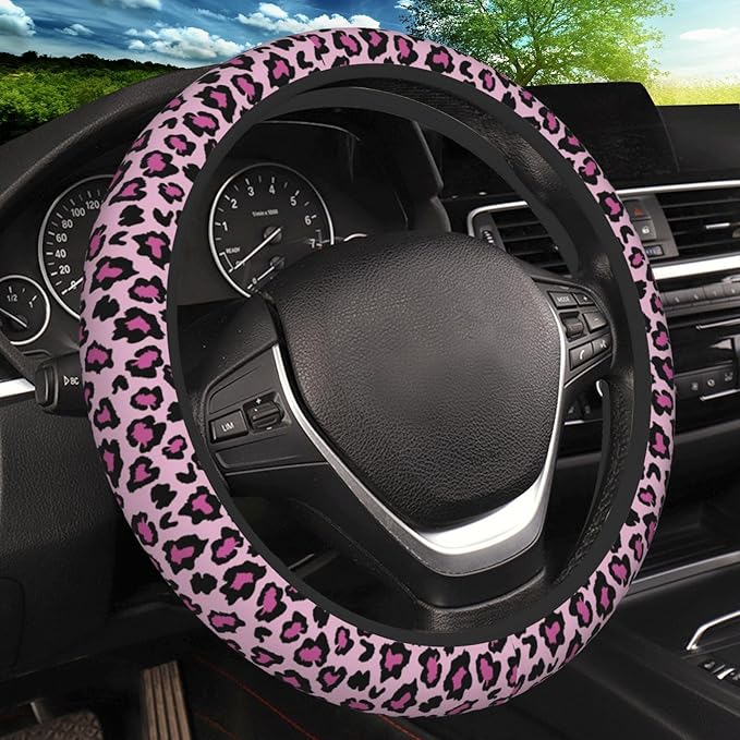 Pink Leopard Print Elastic Steering Wheel Cover, Non-Slip Breathable Neoprene Steering Wheel Covers, Women Pink Car Accessories, Universal 15 Inch Fit Auto, Suvs, Truck