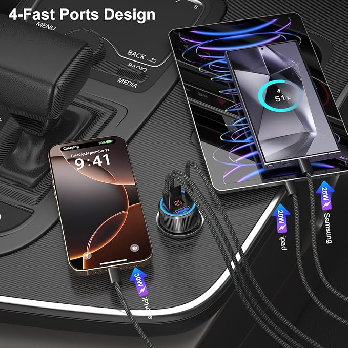 65W USB C Car Charger for iPhone 17/Air/16e/16 Pro Max Plus, 4-Port Dual 12V USB-C&USB-A QC/PD 3.0 Fast Charging Car Charger Cigarette Lighter Adapter Voltmeter for iPhone,iPad,Galaxy+2X USB C Cable