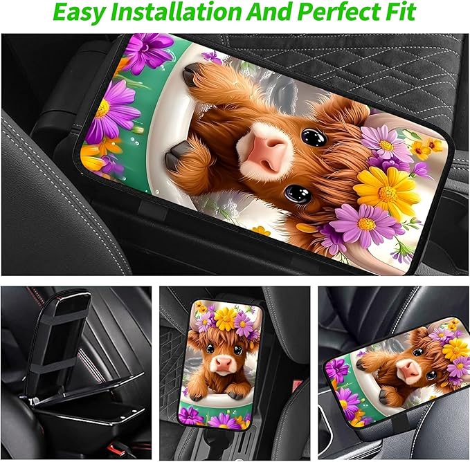 JANENFNA Car Armrest Cover Pads Universal Fashion Cute Auto Center Console Armrest Cover Pad with 2PCS Car Coasters Soft Waterproof Car Armrest Seat Protector for Women,Cow in Flower Bath