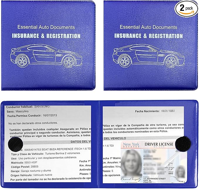 Ziciner Car Registration Insurance Holder, 2Pack Essential Auto Card Document Glove Box Organizer with Touch Fastener, Vehicle Interior Accessories Perfect for Most Car, Truck, SUV (Blue/Big Car)