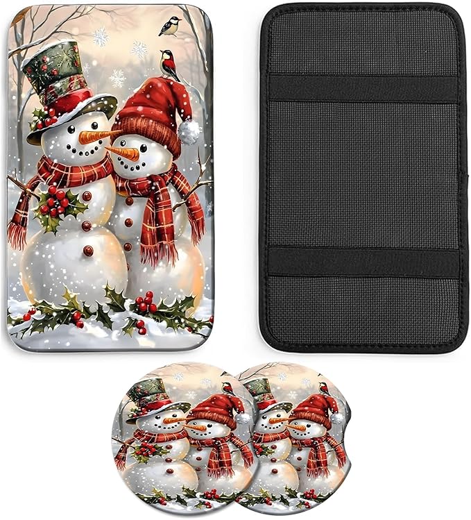 JANENFNA Car Armrest Cover Pads Universal Fashion Cute Auto Center Console Armrest Cover Pad with 2PCS Car Coasters Soft Waterproof Car Armrest Seat Protector for Women,Christmas Snowmen