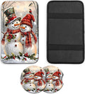 JANENFNA Car Armrest Cover Pads Universal Fashion Cute Auto Center Console Armrest Cover Pad with 2PCS Car Coasters Soft Waterproof Car Armrest Seat Protector for Women,Christmas Snowmen