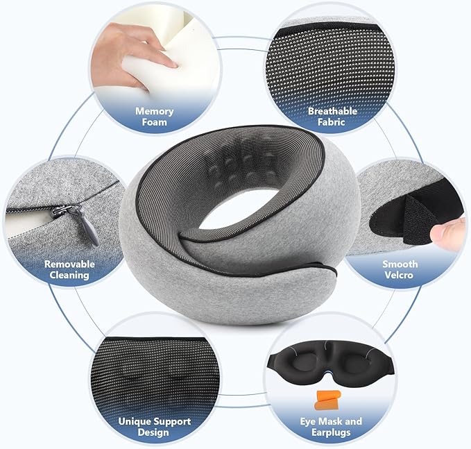 Purroch Advanced Memory Foam Neck Travel Pillow, Neck Pillow Airplane with Eye Mask & Ear Plugs, Designed for The Comfort of Travel & Office, Travel Pillow for Plane, Car, Home, Work， Grey