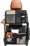 Rosynee Car Seat Organizer with Foldable Table Tray - 11 Storage Pockets PU Leather Backseat Organizer with Tablet Holder, Seat Back Protector Kick Mat for Kids Family Road Trip Accessories (Black)