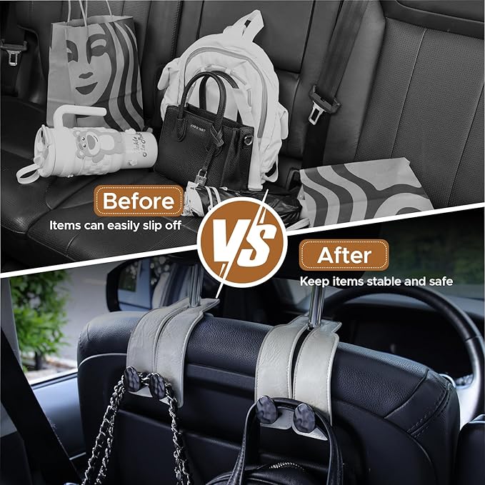 URIZZD 2PCS Leather Car Seat Hooks for Headrest, Vehicle Hanger Storage Organizer Universal for Handbag Purse, Car Accessories Gift (White-Black)