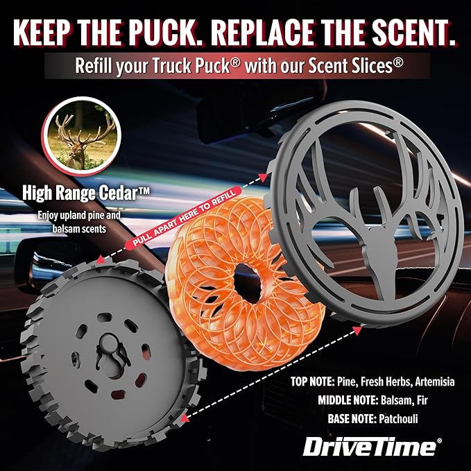 Drive Time Truck Puck Refill - High Range Cedar Fragrance Premium Long-Lasting Car Air Freshener, Odor Eliminator/Deodorizer