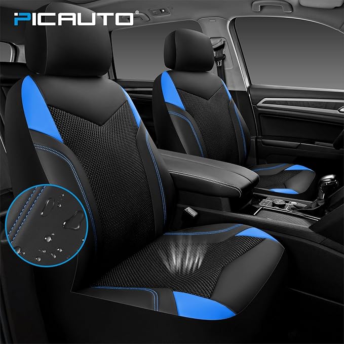 PIC AUTO Car Seat Cover, Super Breathable Mesh Front Seat Cover for Cars, Blue Leather Seat Covers, Universal Fit, Durable, Airbag Compatible, Suitable for SUVs, Trucks, Sedans, and Vehicles