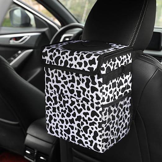 Car garbage can with lid Leak Proof Vehicle Trash Can 3 Storage Pockets Hanging Waterproof car trash bag for suv cow