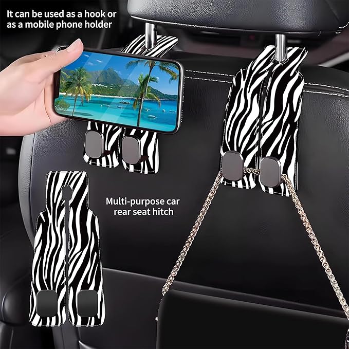 AEWNUNK Purse Hook for Car Abstract Black Zebra 1 Pack Headrest Back Seat Hook Premium Leather Double Metal Hanger Storage Pack Bag Purse Holder Car Interior Accessories